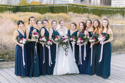 Bridal party in navy dresses with Glamour Girl makeup in Chicago