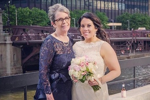 Bride with her mother by the riverside in Chicago, showcasing Glamour Girl makeup